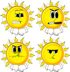 Cartoon sun hitting fists together before a fight. Collection with sad faces. Expressions vector set.