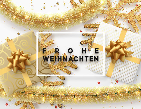 German text Frohe Weihnachten. Christmas background. Design illustration golden bright decorations, shining sparkles of snowflakes, gift box, gold tinsel and light garland. Xmas card vector