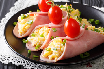Beautiful breakfast: roll ham stuffed with omelets and tomatoes close-up. Horizontal