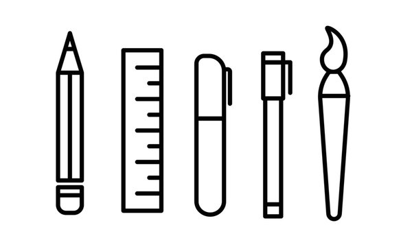 Set Of Pencil, Ruler, Marker, Pen And Brush Icon Illustration