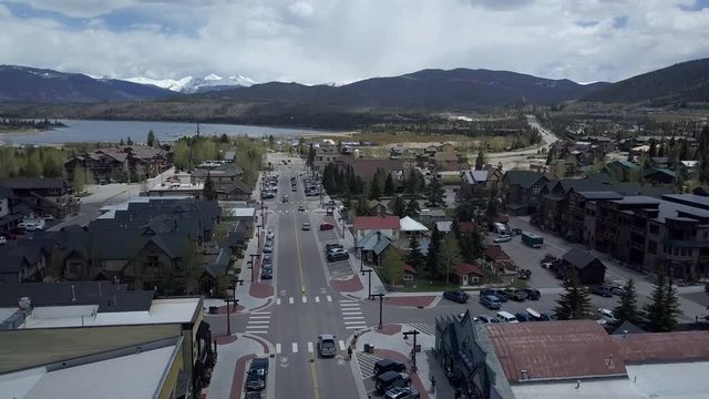 Aerial Frisco Colorado town center Dillon Lake. Original gold and silver mining. Tourist destination for winter ski and snow recreation. Summer for hiking, lake water sports, and tourism.
