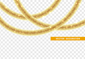 Christmas traditional decorations lush tinsel. Xmas ribbon garland isolated realistic decor element