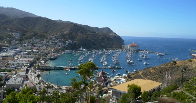 Looking down at the bay and town of Avalon on Catalina Island. Boat fill the harbor.