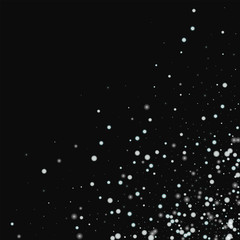 Beautiful falling snow. Scattered bottom right corner with beautiful falling snow on black background. Nice Vector illustration.