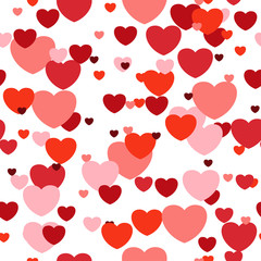 Love semless pattern from gentle flying pink and red hearts. Flat vector cartoon illustration. Objects isolated on white background.