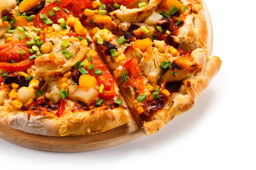 Pizza with chicken and vegetables on white background 