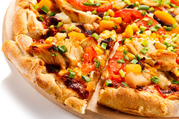 Pizza with chicken and vegetables on white background 