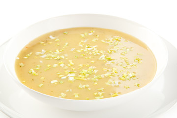 Leek soup on white background 