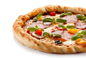 Pizza pepperoni with tomatoes, mushrooms and pepper 