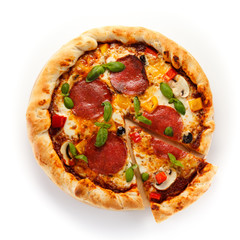 Pizza pepperoni with tomatoes, mushrooms and pepper 