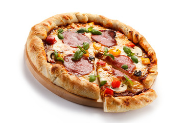 Pizza pepperoni with tomatoes, mushrooms and pepper 