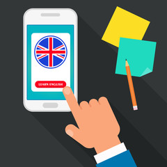 Bright flat vector banners with mobile app for English language learning. Courses of foreign language, schools for studying British pronunciation. Information for site, social network, poster.