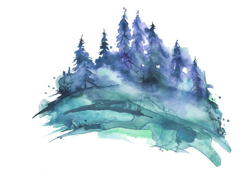 Watercolor group of trees - fir, pine, cedar, fir-tree. Blue, winter forest, landscape, forest landscape. Fog, haze, winter. Drawing on white isolated background.