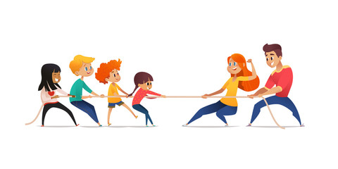 Mom, dad and children pulling opposite ends of rope. Tug of war competition between parents and their kids. Concept of family sports activity, generational conflict. Cartoon vector illustration.