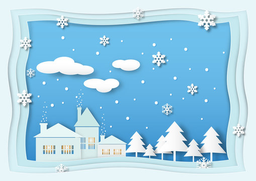 House with Christmas tree, snow,snowflake and cloud on blue sky, Christmas and new year background vector illustration paper art style © shark749