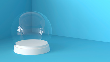 Empty snow glass ball with white tray on blue background. 3D rendering.
