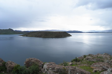 Fototapeta na wymiar The view of lake Umayo from Sillustani ruins in Peru