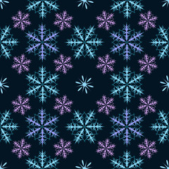 Seamless  pattern of snowflakes on a dark background for decorating New Year and Christmas holiday.