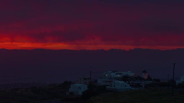 sunset night illumination santorini island fira town mill top panorama 4k timelapse greece
