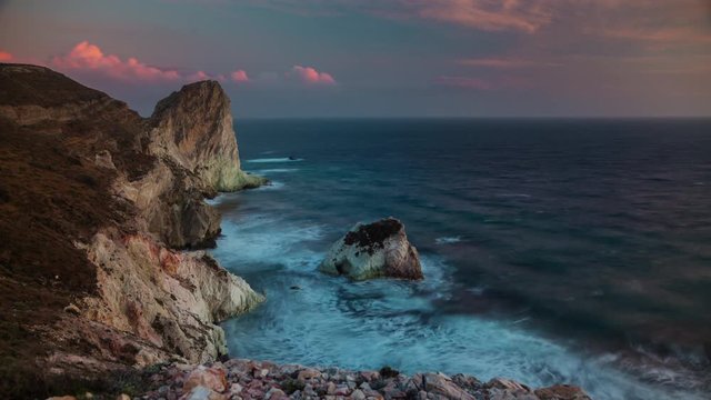 sunset sky santorini island rock bay panorama 4k timelapse greece
