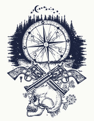 Skull, guns and compass crime tattoo and t-shirt design. Wild west art. Symbol of wild west, robber, crime Outdoors t-shirt design