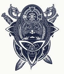 Viking warrior head t-shirt design. Celtic amulet forces tattoo. Tribal dragons, ethnic style. Viking and crossed swords tattoo, ring with scandinavian ornament