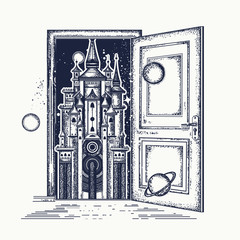 Open door and magic castle  tattoo. Symbol of the fairy tale, dream, magic. Surreal tattoo open door