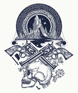 Wild west art. Symbol of wild west, robber, crime Texas t-shirt design. Skull, guns and mountains crime tattoo and t-shirt design