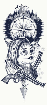 Mexican criminal tattoo art and t-shirt design. Wild west woman, compass and mountains tattoo. Santa muerte girl. Sugar Skull. Santa Muerte mexican woman, old revolvers, crime scene