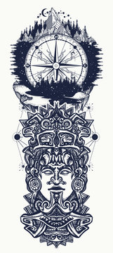 Ancient aztec totem, mountains and compass. Mexican god. Ancient Mayan civilization. Indian mayan carved in stone tattoo art. Mayan tattoo and t-shirt design
