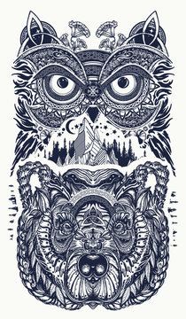 Owl and bear  tattoo art. Owl, mountains in ethnic celtic style t-shirt design. Owl and tribal bear tattoo symbol of wisdom, meditation, thinking, tourism, adventure