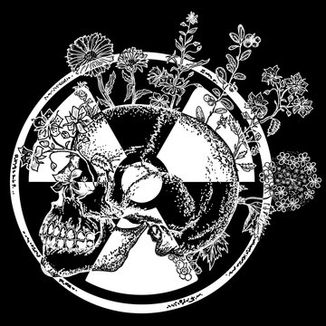 Atomic skull tattoo and t-shirt design. Symbol of radiation, apocalypse, nuclear war, end of world, dangers of nuclear energy