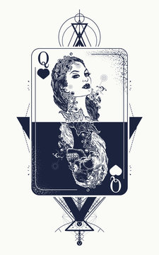 Queen playing card sacred geometry tattoo and t-shirt design. Tarot cards, success and defeat, casino, poker tattoo. Beautiful girl and queen skeleton, Gothic playing card. Symbol of gambling