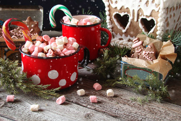 Fototapeta na wymiar Christmas drink. Red mug of hot coffee with marshmallows, gingerbread house, cookies in a box on wooden background. New Year. A rustic style.