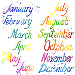 Watercolor Handwritten Calligraphy words for calendar. months. Watercolor rainbow calendar. December, January, February, March, April, May, June, July, August, September, October, November.