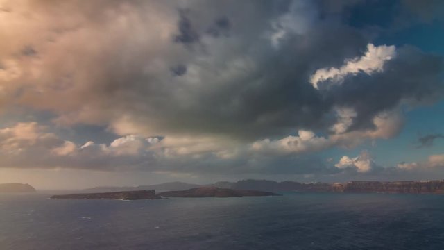 sunset sun light santorini island coastline panorama 4k timelapse greece
