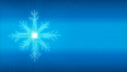 Abstract digital illustration of microchip board on snowflake shape on blue background. Technology concept image. Happy new year and merry christmas card.