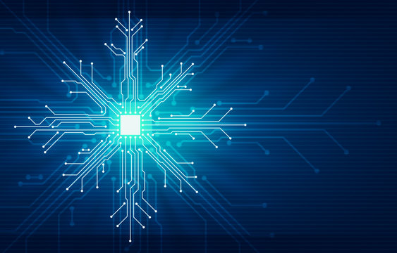 Abstract digital illustration of microchip board on snowflake shape on blue background. Technology concept image. Happy new year and merry christmas card.