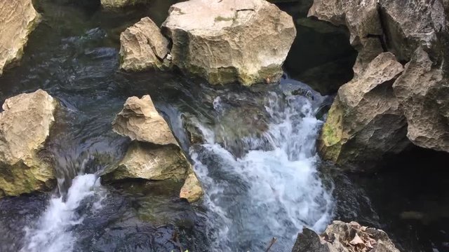 The water of this crystal clear creek is flowing down many small romantic cascades on limestone rock-reefs.