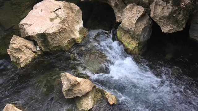 The water of this crystal clear creek is flowing down many small romantic cascades on limestone rock-reefs.