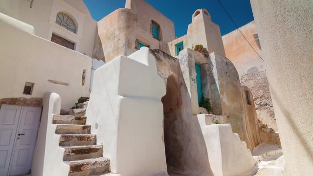 sunny day santorini island fira town street stairs door panorama 4k timelapse greece

