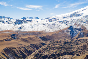 Landscape panorama caucasus mountain with autumn hills