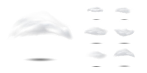 Set of realistic clouds with a shadow. Vector elements isolated on white background