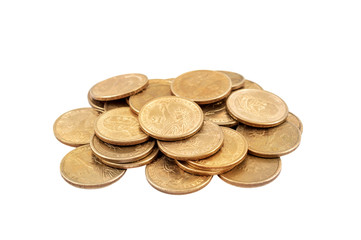 Heap of american one dollar coins on white background.