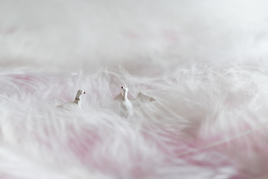 Pair of gooses sitting in a pile of feathers - miniature figures