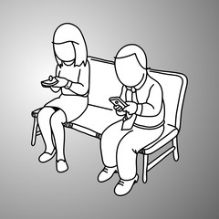 businessman and businessmanwoman using mobile phone on sofa vector illustration doodle sketch hand drawn with black lines isolated on gray background