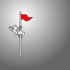 businessman climbing flagstaff for the red flag with copyspace vector illustration doodle sketch hand drawn with black lines isolated on gray background. Business concept.