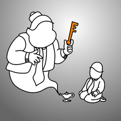 businessman with magic giant holding key in the lamp vector illustration doodle sketch hand drawn with black lines isolated on gray background. Business concept.