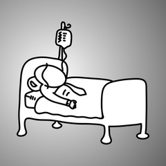 Sick businessman in hospital bed vector illustration doodle sketch hand drawn with black lines isolated on gray background. Business concept.