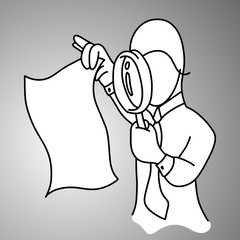 businessman using magnifying glass to search something in paper vector illustration doodle sketch hand drawn with black lines isolated on gray background. Business concept.